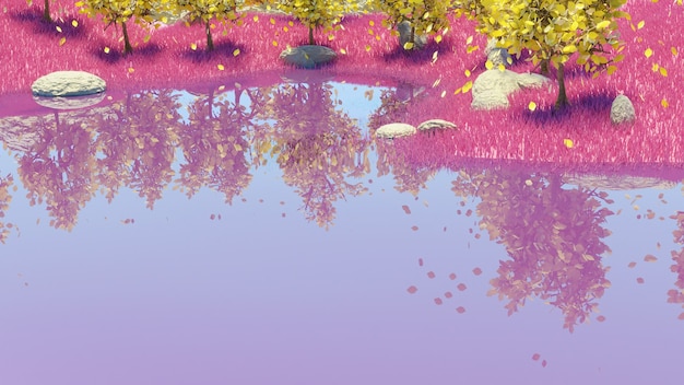 Seewasserreflexion gelbe Bäume und rosa Gräser 3d übertragen Sommerhintergrund