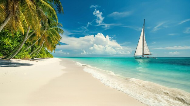 Segelboot am Ufer eines tropischen Strandes mit weißem Sand und türkisfarbenem Wasser