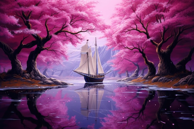 Segelboot auf dem See mit Bäumen im Hintergrund, digitale Malerei, eine Yacht mit Kirschbaumsegeln in einem tiefvioletten Teich, surrealistischer Postimpressionismus, hohe Details, KI-generiert