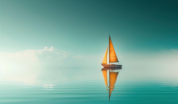 Segelboot auf ruhigem Wasser mit Wolkenreflexion Das Konzept der Freiheit und des Reisens