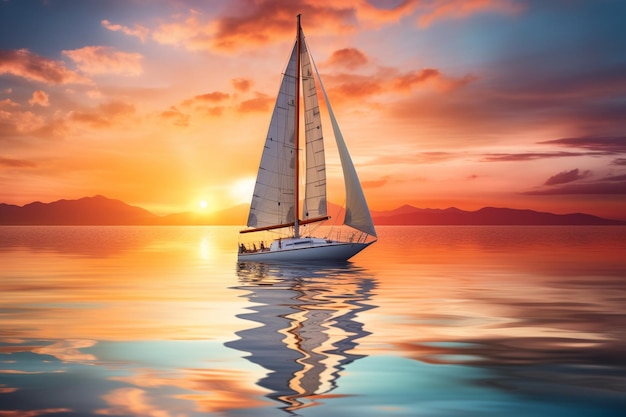 Segelboot gleitet durch ruhige Gewässer mit einem lebhaften Sonnenuntergang im Sommer im Hintergrund