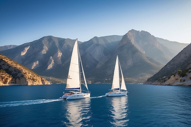 Segelboot im Meer am Abend Sonnenlicht über schöne große Berge Hintergrund