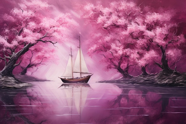 Segelboot im See mit einem rosa Baum im Hintergrund, eine Yacht mit Kirschbaum segelt in einem tiefvioletten Teich, surrealistischer Postimpressionismus, hohe Detailgenauigkeit, KI-generiert