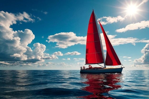 Segelboot mit offenem Scharlach segelt im Meer am blauen Himmel mit Wolken im Horizonthintergrund Luxus Sommeradve