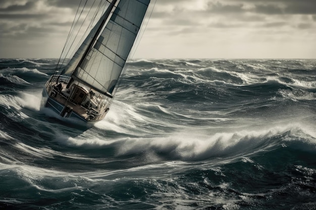 Segelboot rast über unruhiges Meer, während der Wind durch die Segel peitscht. Generative KI