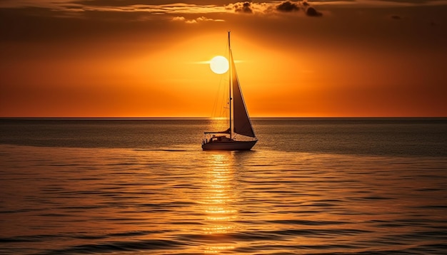 Segelboot segelt in der Abenddämmerung auf ruhigen Gewässern – ein perfekter Urlaub, generiert durch KI