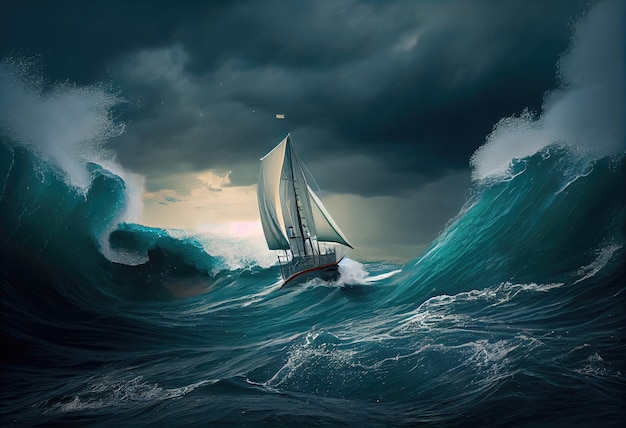Segelboot vor dem Hintergrund von Meer und Sturm Generate Ai