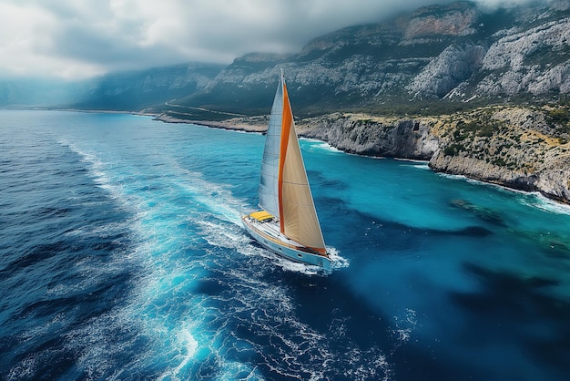 Segelboot Yacht fährt auf blauem Meer in der Nähe einer tropischen Insel Luftansicht von oben