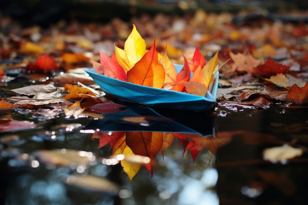 Segeln durch einen bunten Herbst Eine romantische Reise mit einem Papierschiff in Straßenpfützen