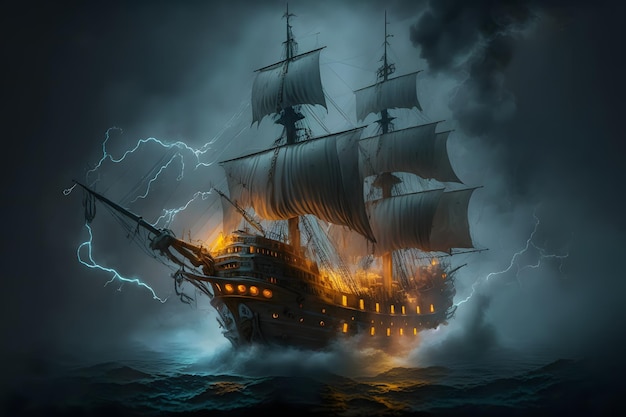 Segelndes altes Schiff im Sturmmeer auf den Hintergrundwolken mit Blitzen. Neuronales Netzwerk AI generiert