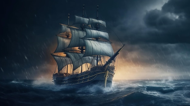 Segelndes altes Schiff in einem von der Sturmsee erzeugten KI-Bild