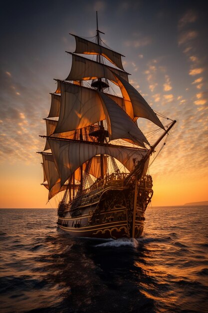 Segelschiff im Meer bei Sonnenuntergang 3D-Illustration