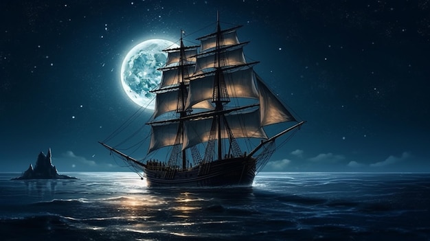 Segelschiff im Meer bei Vollmondnachtgenerative KI