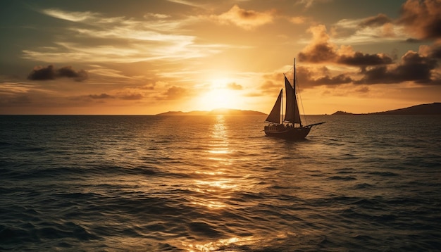 Segelschiff-Silhouette, die von einem von KI generierten Sonnenuntergang beleuchtet wird