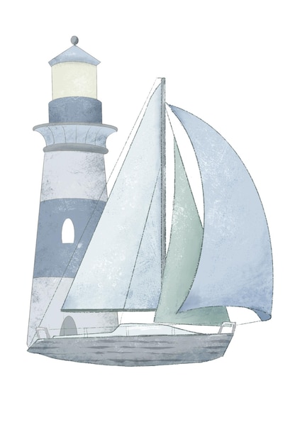 Segelyacht-Illustration, Zeichnung in Pastellfarben im Vintage-Stil