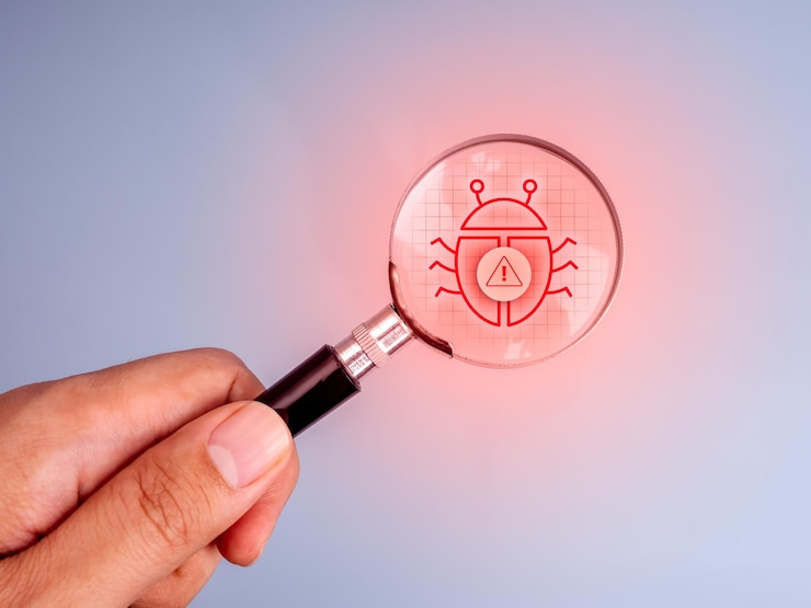 Foto seguimiento de errores spam de correo electrónico y virus concepto de seguridad de internet de computadora el gran icono de error rojo con signo de advertencia en el patrón de cuadrícula de red centrado en lente de lupa con la mano estilo minimalista
