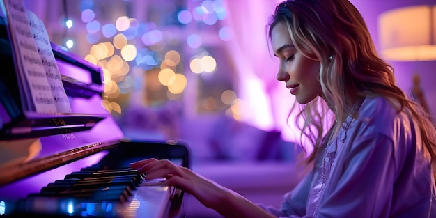 Foto seguindo um hobby na música mulher jovem em casa tocando piano e cantando conceito de música prática em casa gravação de piano habilidades de treinamento vocal