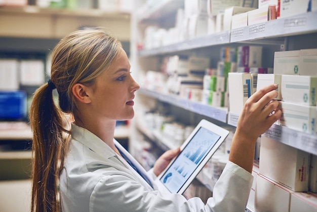 Según esta herramienta en línea, este medicamento funcionará mejor Toma de una farmacéutica usando su tableta digital mientras trabaja en una isla