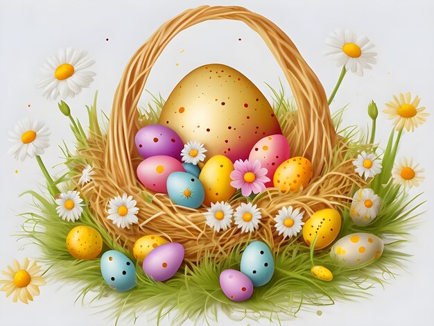 Foto segunda-feira de páscoa, ovos pintados em ninhos de pássaros, cores vibrantes em fundo branco.