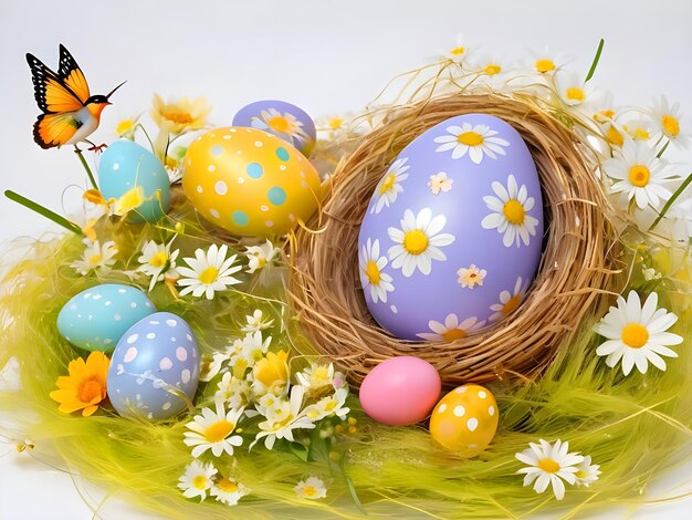 Segunda-feira de Páscoa, ovos pintados em ninhos de pássaros, cores vibrantes em fundo branco.