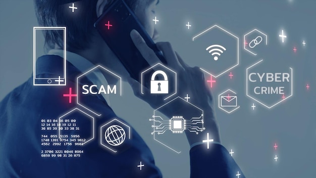 Segurança cibernética crime cibernético golpe na internet empresário telefone móvel tecnologia de rede digital vírus de computador ataque risco proteção identidade privacidade dados hacking