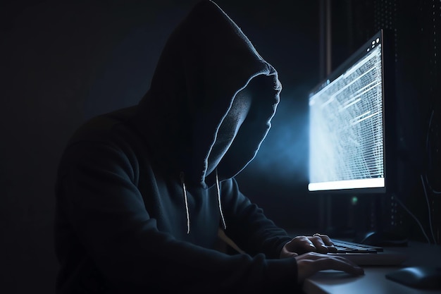 Foto segurança cibernética em foco hacker anônimo em ação gerada por ia