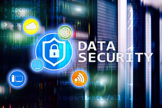 Segurança de dados Prevenção de cibercrimes Proteção de informações digitais Ícones de bloqueio e fundo da sala do servidor