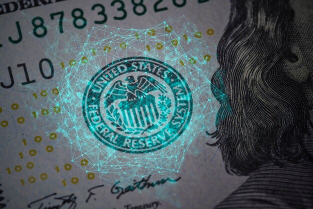 Segurança e novas tecnologias em notas de dólar americano, close-up, de cem conceitos de notas de dólar americano ...