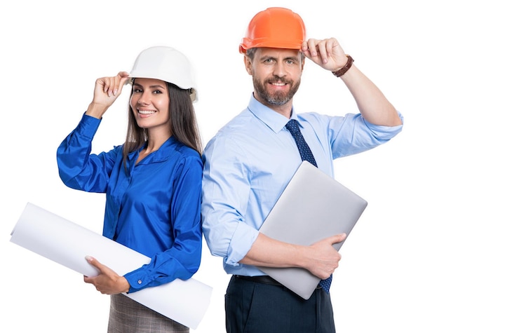 Foto segurança empresarial proteção de dados engenheiro supervisor com plano de projeto de construção arquiteto trabalho de planeamento engenheiro-chefe e arquiteto em hardhat isolado em branco discussão de conteúdo