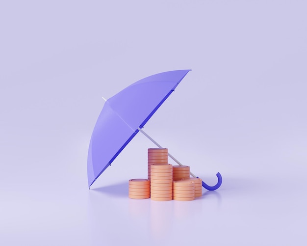 Segurança financeira e conceito de investimento Guarda-chuva protegendo em uma pilha de moedas Proteção dinheiro seguro financeiro segurança de investimento Estabilidade financeira ilustração de renderização mínima 3d