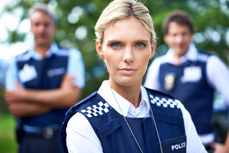 Foto segurança justiça e retrato de mulher policial ao ar livre para proteção contra o crime e serviço de segurança colaboração em equipe e oficial com os braços cruzados para patrulha de aplicação da lei e vigilância