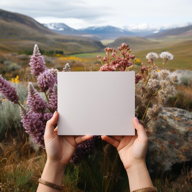 Foto segurando um cartão em branco em um campo de flores