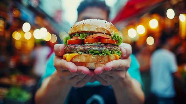 Segurando um hambúrguer vegetariano fresco contra o pano de fundo da rua da cidade movimentada lanche de rua rápida
