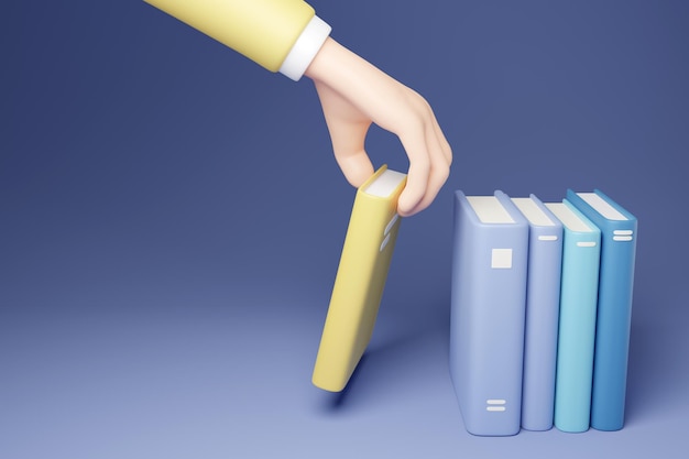 Foto segurando um livro amarelo fundo azul 3d render