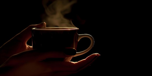 Segurando uma caneca de café fumegante em iluminação fraca Conceito Amante do café Vibes aconchegantes Ritual matinal Bebida quente Atmosfera relaxante