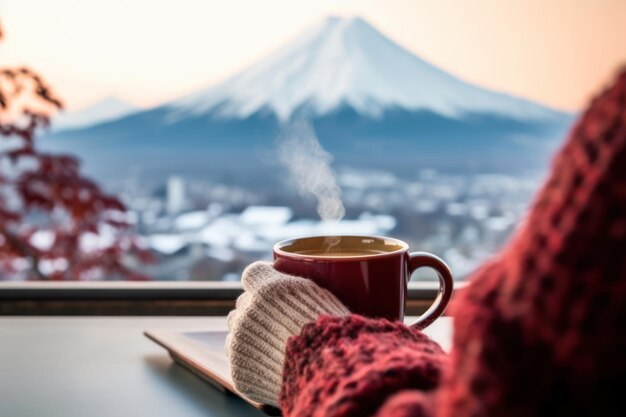 segurando uma xícara de xícara de café no inverno IA generativa