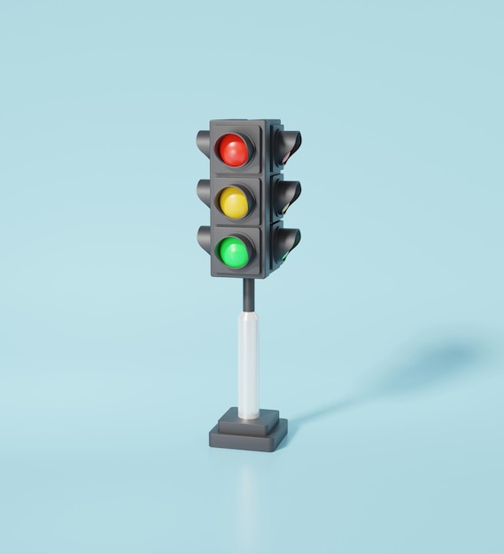 Seguridad en las calles, cruces de carreteras, semáforos, transporte, tres señales rojas, amarillas y verdes, luces de tráfico, renderizado en 3D.