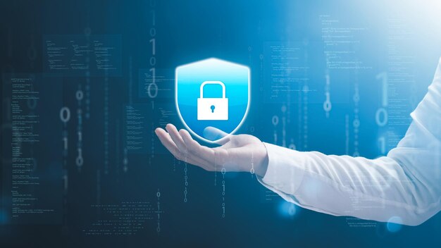 Seguridad cibernética Concepto de protección de datos de privacidad Empresario que posee la clave Proteger los datos comerciales y financieros con conexión a la red virtual Seguridad de acceso a Internet Seguridad de encriptación