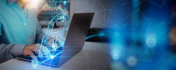 Seguridad cibernética y protección de datos Empresario que usa una computadora portátil que protege el negocio