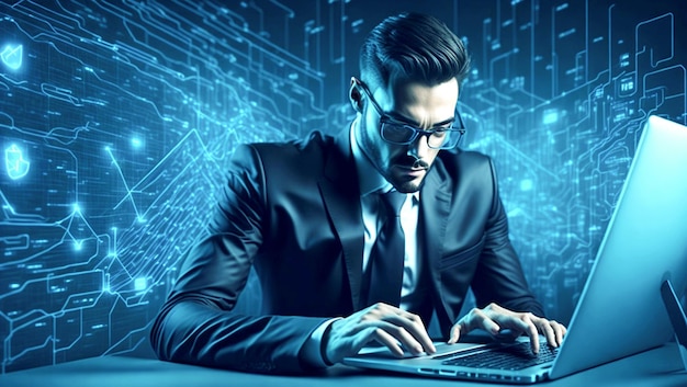 Seguridad cibernética y protección de datos Empresarios que utilizan la seguridad de las redes de Internet portátiles para sus negocios