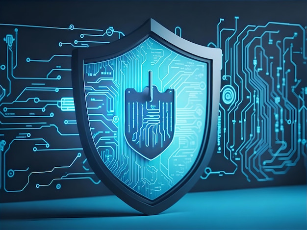 Seguridad cibernética y protección de datos de información privada Bloqueos del concepto de escudo azul Firewall contra ataques de piratas informáticos AI generativo