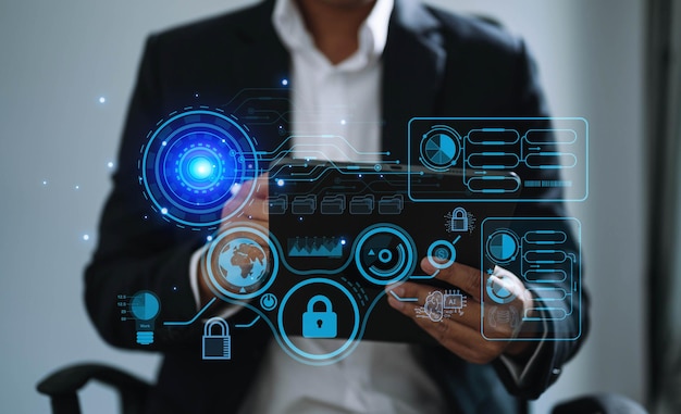 Seguridad cibernética protección de datos Negocio que trabaja en computación Inteligencia tableta digital conexión de red global ciencia de datos marketing digital Inversión global en la oficina
