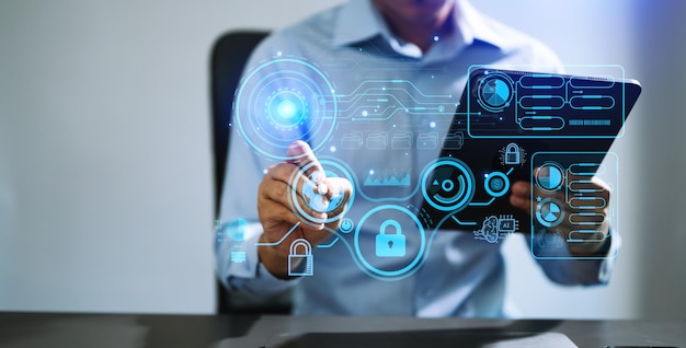 Seguridad cibernética protección de datos Negocio que trabaja en computación Inteligencia tableta digital conexión de red global ciencia de datos marketing digital Inversión global en la oficina