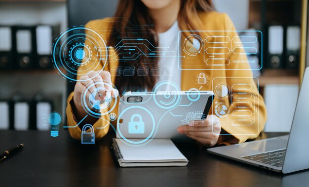 Seguridad cibernética Protección de datos Negocio que trabaja en computación Intelligenc tableta digital conexión global a la red ciencia de datos marketing digital Inversión global en officexAxA