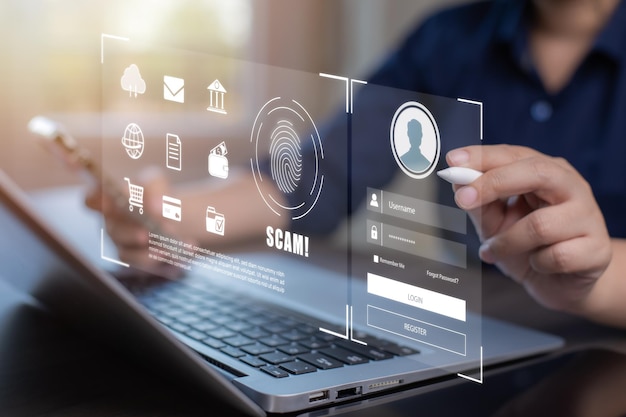 Seguridad cibernética y seguridad contraseña inicio de sesión concepto en línea Manos escribiendo e introduciendo el nombre de usuario y la contraseña de las redes sociales iniciar sesión con un teléfono inteligente a un hacker de protección de datos de cuenta bancaria en línea