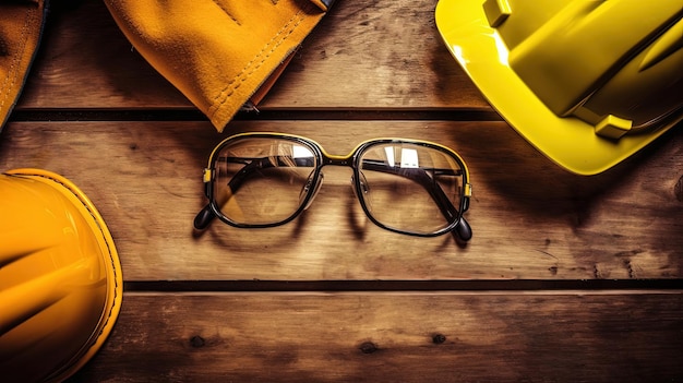 Foto seguridad en la construcción desgaste de casco y gafas en la vista superior de la mesa de madera rústica ia generativa