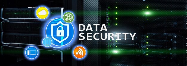 Seguridad de datos Prevención de delitos cibernéticos Protección de información digital Iconos de bloqueo y fondo de sala de servidores