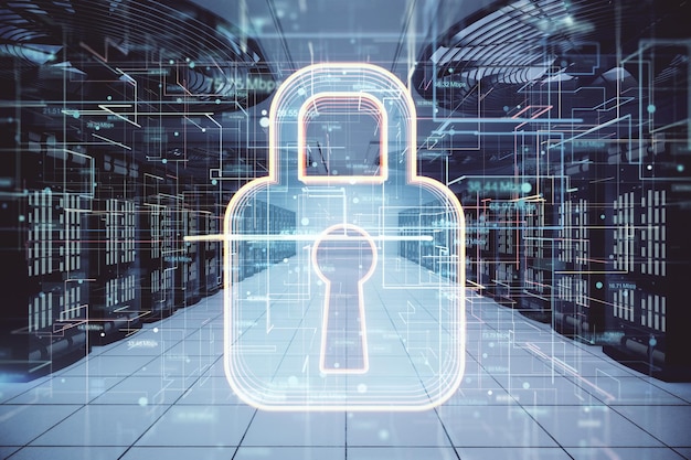 Seguridad de la información contra el concepto de protección de datos y virus con símbolo de bloqueo digital con ojo de cerradura dentro del almacenamiento de datos y representación 3D de fondo del servidor