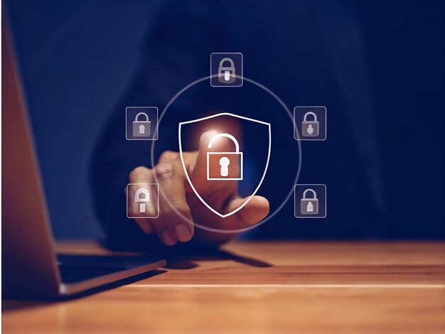 Seguridad de la información y encriptación Acceso seguro a los datos personales del usuarioInternet Seguridad con cortafuegos cibernético Protección de datos