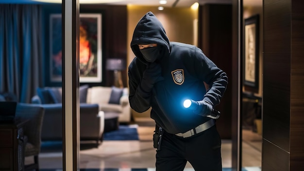 Foto seguridad ladrón disfrazado entrando en un apartamento o oficina para robar algo